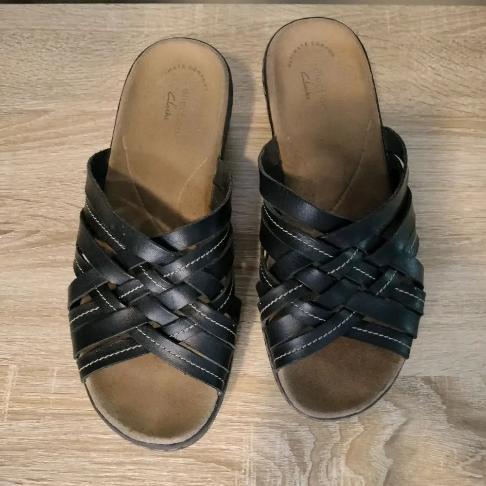 Clarks Black Women's Collection Lexi Selina Slide Leather Sandals Sz 7.5